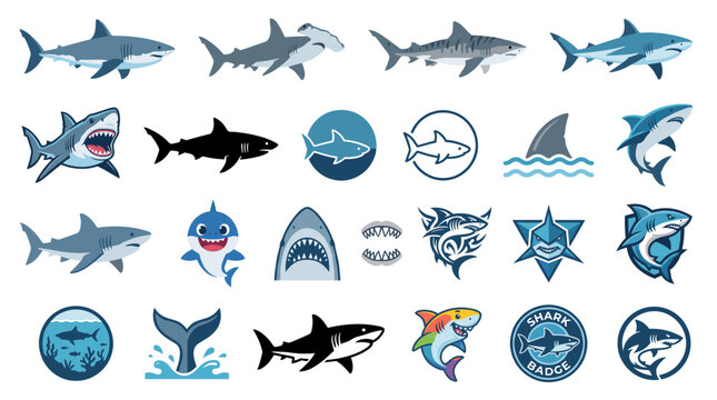 A collection of various shark illustrations, including realistic depictions, cartoon styles, and logo designs.