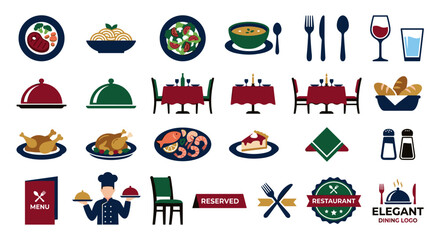 Collection of restaurant and dining icons, showcasing food, tables, and service elements.