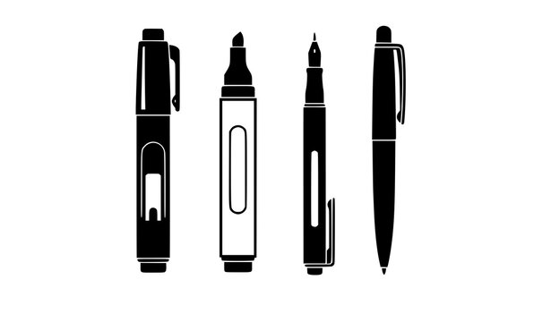 Black markers and pens silhouette vector set