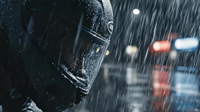Cinematic night scene of motorcyclist hydroplaning through deep puddle creating massive splash and close up of rain droplets on helmet visor