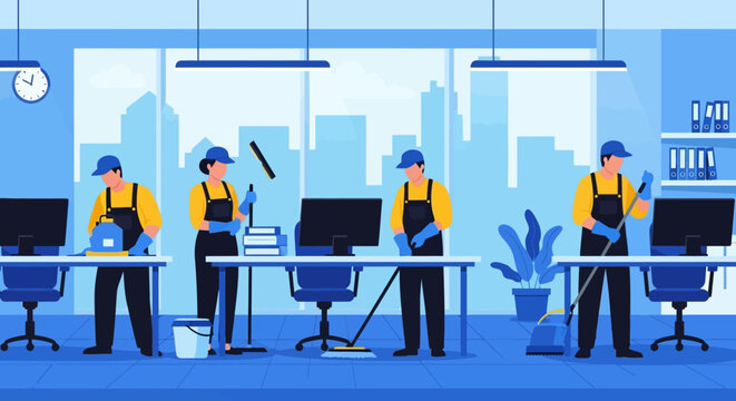 Illustration of janitors cleaning an office with computers and city view