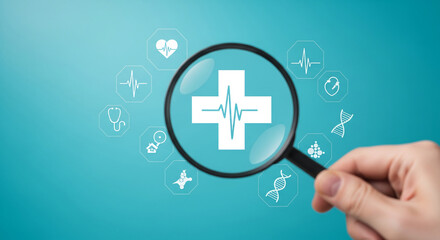 Obraz premium Hand holding a magnifying glass over a white plus sign with heartbeat line, medical icons around, representing healthcare, wellness, science, research