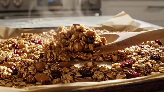 Close up of baked granola with dried fruit on baking sheet ready to serve