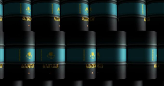 Kazakhstan oil business and fuel extraction barrels in row seamless and loopable concept. Kazakh petrol industrial containers.