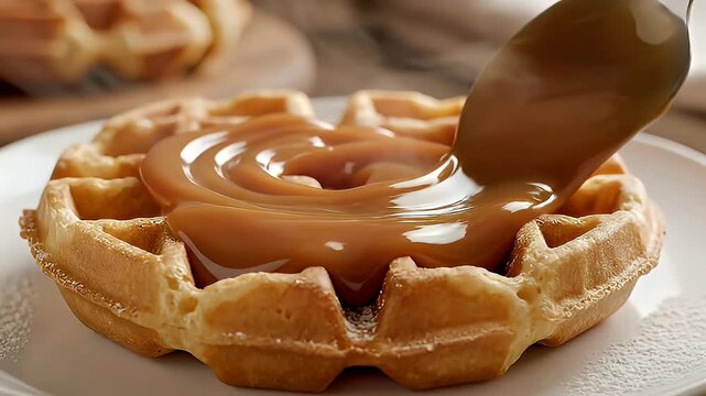 Close up of syrup pouring on freshly baked waffle dessert culinary concept