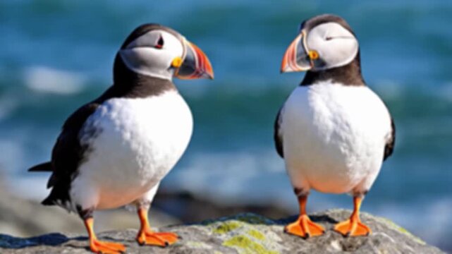 Two Atlantic puffins standing on a rocky cliff with ocean background, AI generated