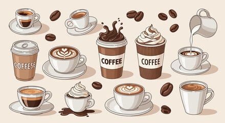 Coffee Cup Illustration Set &ndash; Hand Drawn Latte, Cappuccino and Espresso Vector Collection
