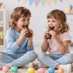 soft shading, playful easter moment with two young children happily biting chocolate bunny candies, capturing the joy of childhood
