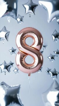 Rose gold number eight balloon with floating silver star balloons, mar 8 international women's day celebration gender equality, women's rights, empowerment, solidarity, Give To Gain campaign concept