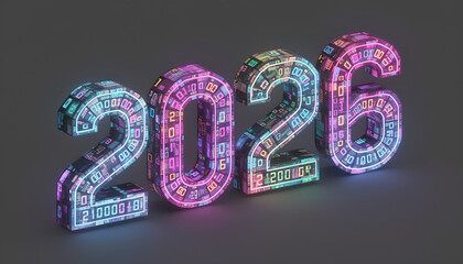 Colorful glowing 2026 year with binary code and digits