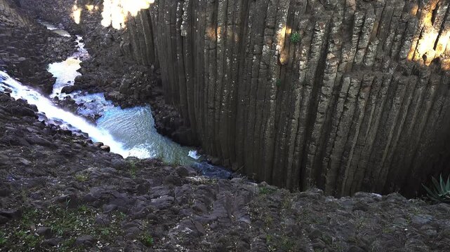 Prismas Basalticos in Hidalgo Mexico shows natural columns and flowing water