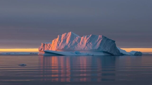 Majestic Iceberg Reflecting Golden Sunset Hues in Arctic Waters.