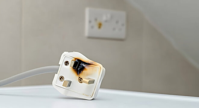 Damaged electrical plug with burn marks on white surface