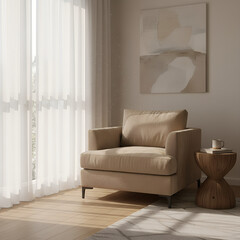 Cozy modern armchair bathed in natural light, creating a serene and inviting atmosphere for home decor inspiration.