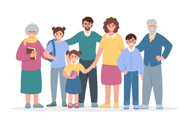 Obraz premium Happy family portrait. Three generation - grandparents, father and mother, children of different ages. Parents, siblings, relatives characters. Vector illustration on white background.