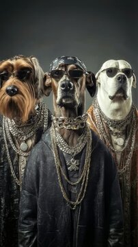 Three puppies sport jewelry and attitude like hip hop artists in studio scene