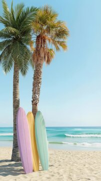 Serene shoreline with pastel surfboards and turquoise ocean background