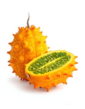 Kiwano Melon Duo - Whole and Halved Horned Melons on White.