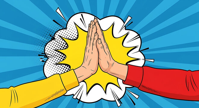 Hands clapping together in comic pop art style
