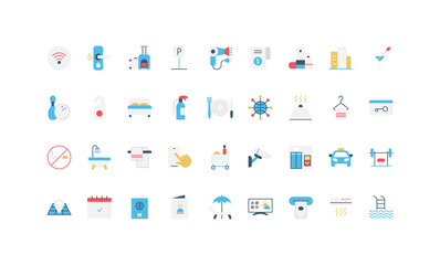 Naklejka premium Hotel hospitality, reception and room services for guest, mobile app booking color icon set. Key and lock, bed and shower, luxury beach resort lodging, cleaning and parking flat vector illustration