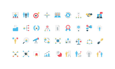 Fototapeta premium Human resources, online job interview and partnership, leadership and company team, career color icon set. Business training for professional skill and ideas, salary growth flat vector illustration