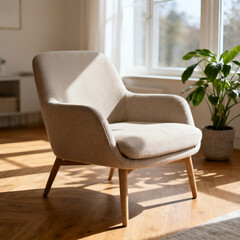 Elegant armchair with light upholstery and wooden legs, highlighted by warm sunlight on a herringbone wood floor, embodying Scandinavian design.