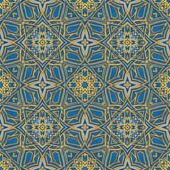 Intricate blue and gold geometric pattern with ornate designs