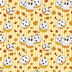 Fototapeta premium Cute Halloween Seamless Pattern with Ghost Figures in Pumpkin Costumes and Autumn Fall Leaves on Yellow Striped Background, Spooky Seasonal Wallpaper for Fabric and Wrapping Paper