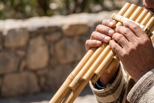 Musician playing a traditional Andean bamboo pan flute (siku or zampona) outdoors.