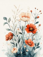 Naklejka premium Floral Watercolor Composition: A vibrant watercolor painting showcases a lush arrangement of delicate flowers, soft petals in various hues, with intricate foliage against a dreamy backdrop.