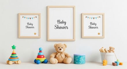 Obraz premium Baby shower celebration decorations with framed posters, toys, and adorable teddy bears on a shelf for newborn party planning.