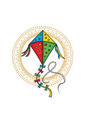 Colorful Kite Illustration with Decorative Sun Mandala Background Vector Art