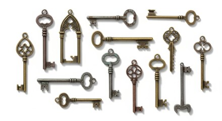 Obraz premium collection of assorted vintage antique keys with unique designs and rusted textures against a clean white background displayed.
