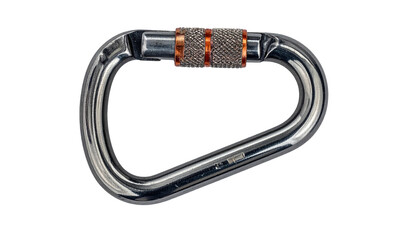 Silver, locking carabiner clip, oval-shaped with a knurled orange locking mechanism