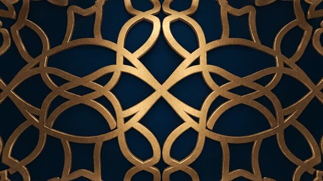 Elegant Ramadhan Kareem greeting design featuring a luxurious golden geometric pattern on a deep blue background for festive celebrations