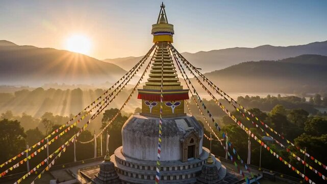 Sunrise over the majestic Boudhanath Stupa in Kathmandu, Nepal, a sacred Buddhist pilgrimage site.