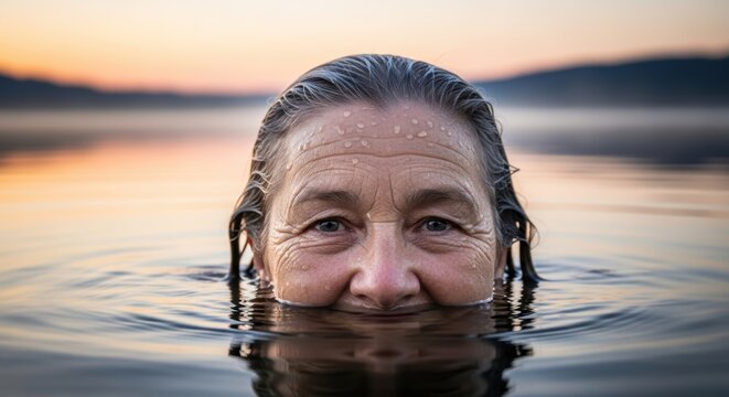 Elderly woman's face floating in serene water with gentle ripples and warm sunset light reflection on the surface slowly