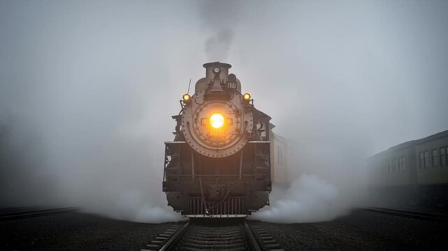 Vintage Steam Train Approaching with Bright Headlight in Foggy Atmosphere.