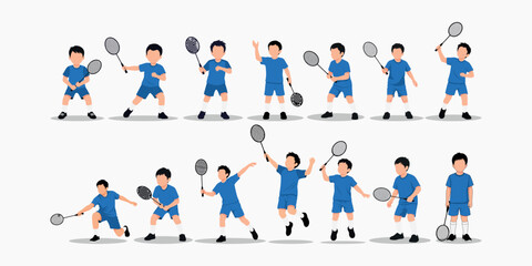 Fototapeta premium Dynamic Vector Illustration of Young Boys Playing Badminton, Depicted in Multiple Energetic Action Poses Showcasing Serving, Smashing, and Lunging Movements