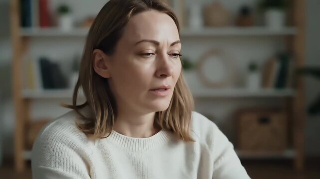 A serene woman practicing stress relief coping with her eyes closed in a calm indoor setting