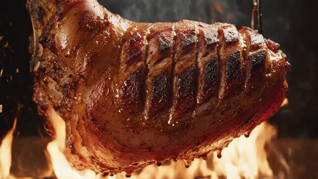 Large seasoned leg of meat is expertly slow roasting over intense open flames achieving crispy brown skin texture.