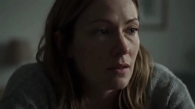 A woman practices stress relief coping mechanisms with a contemplative expression in a dimly lit room