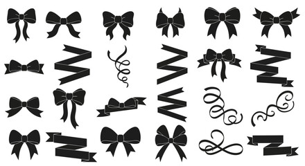 Black Ribbon Bow Silhouette Set with Curled Streamers and Decorative Banner Confetti for Gift Wrap and Celebration Design