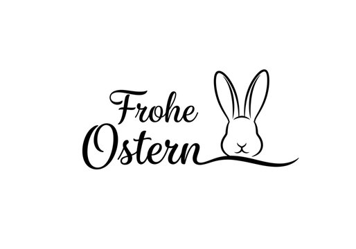 Frohe Ostern German Happy Easter Greeting with Minimalist Line Art Bunny Head Silhouette and Calligraphy Script Logo