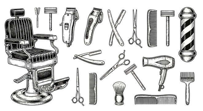 Vintage Barbershop Tool Set with Hair Salon Chair Scissors Razor and Shaving Accessories Hand Drawn Vector Illustration