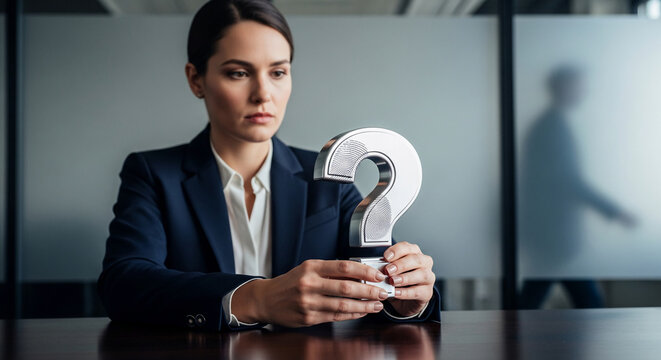 A woman in a blazer holds a silver question mark, symbolizing inquiry, uncertainty, or exploration of a problem, set against a blurry office backdrop