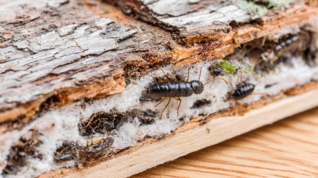 Macro view of termites inside decayed wood with fungal growth. Insect colony in damaged timber. Infestation, decay and pest control concept