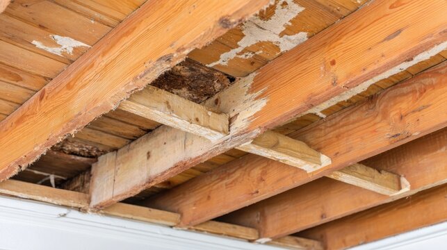 Termite-eaten roof structure with deteriorated timber. Close-up of insect destruction in attic framework. Property damage concept