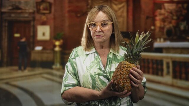 Middle age woman holding pineapple with hands in a church building, wearing glasses and green leaf print shirt; quiet contemplation.
