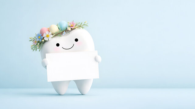 cartoon tooth in an Easter spring wreath holding a blank sign on a light blue background. This mockup is perfect for Easter and holiday announcements, as well as dental promotions, with room for text.